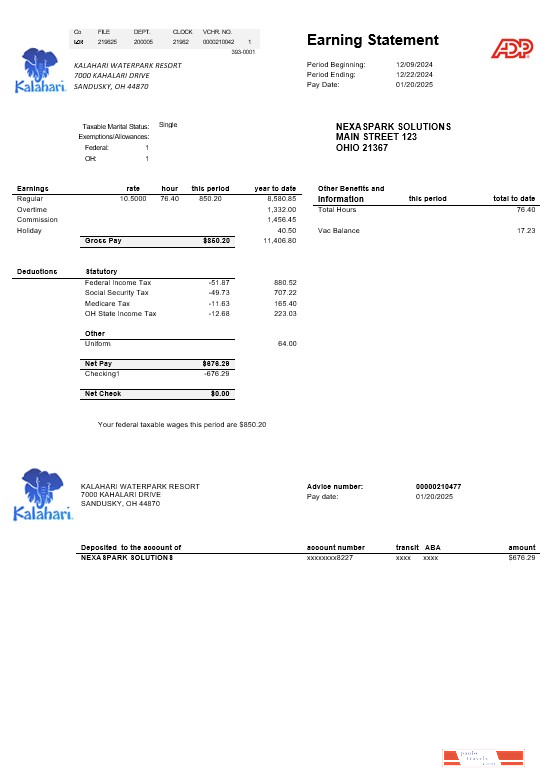 USA Ohio Kalahari Waterpark Resort business utility bill template in Word and PDF formats